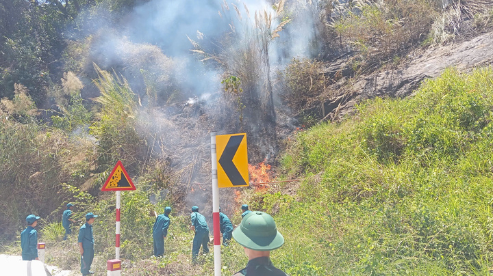 Nhiều người tham gia dập lửa trê đèo Bảo Lộc