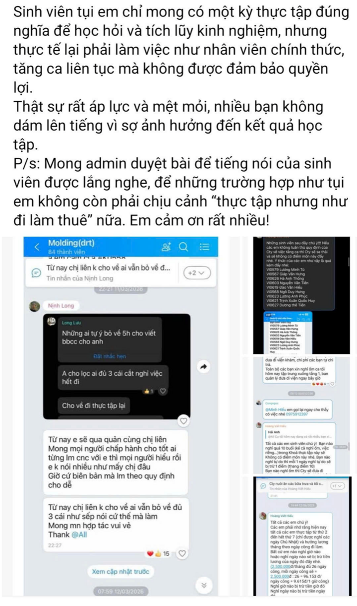 Thông tin lan truyền trên mạng xã hội về việc ép học sinh, sinh viên tăng ca. (Ảnh: Chụp màn hình)