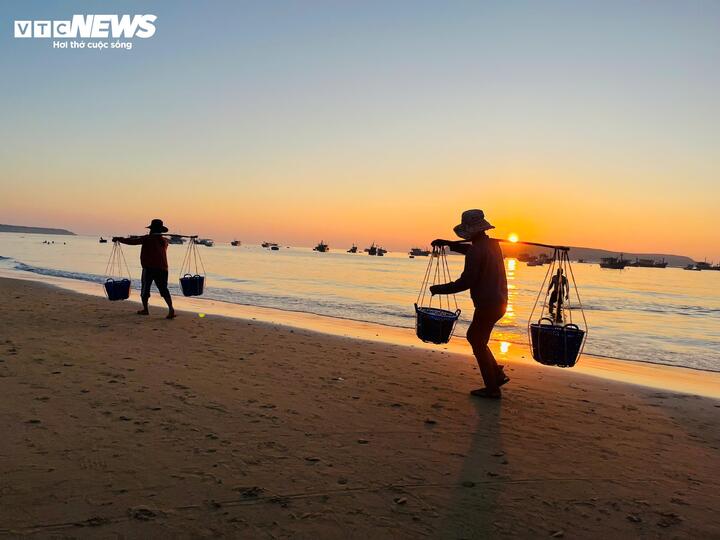 Không chỉ ông Vương, nhiều lao động khác tại làng chài cũng mưu sinh bằng những công việc nặng nhọc. Khi tàu vừa cập bến, hàng chục phụ nữ nhanh chóng ra biển, gánh cá từ thuyền vào bờ để kịp đưa đi tiêu thụ hoặc chế biến.