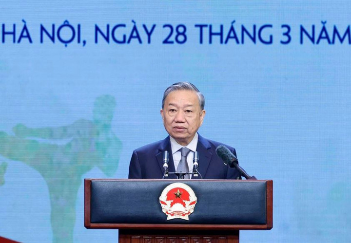 Tổng Bí thư Tô Lâm phát biểu tại Lễ kỷ niệm 80 năm Ngày truyền thống ngành TDTT Việt Nam. (Ảnh: Thống Nhất/TTXVN)