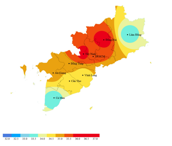 Bản đồ dự báo nhiệt độ cao nhất trong 24 giờ tới. (Nguồn: Đài Khí tượng Thủy văn Nam Bộ)