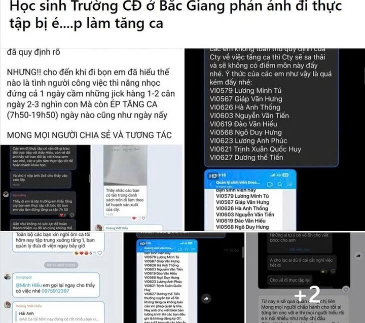 Thông tin lan truyền trên mạng xã hội về việc ép học sinh, sinh viên tăng ca. (Ảnh: Chụp màn hìnhNội dung lan truyền là sai lệch, bị cắt ghép?)