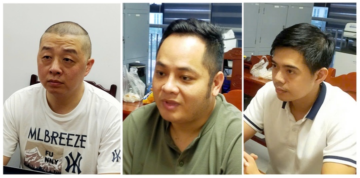 Xiang Guoquan, Trần Việt Huy, Võ Tấn Hiệp (từ trái qua phải) tại cơ quan công an. (Ảnh: Công an Thanh Hoá)