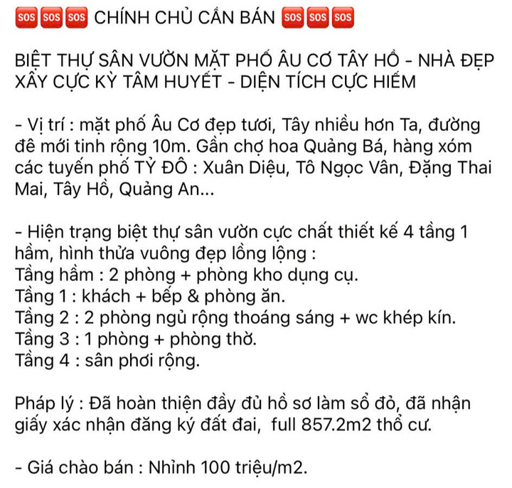 Một căn biệt thự rao bán với giá nhỉnh 100 triệu đồng/m2.