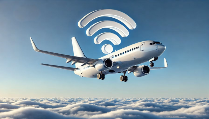 Minh họa chiếc máy bay bay trên mây với biểu tượng Wi-Fi, thể hiện nỗ lực của Amazon và Delta mang internet tốc độ cao đến hành khách trên không trung. (Nguồn: Simplyflying)