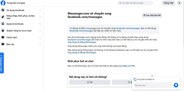 Thông báo của Facebook cho biết Messenger.com sẽ chuyển sang Facebook.com/messages. (Ảnh: Hoa Vũ)