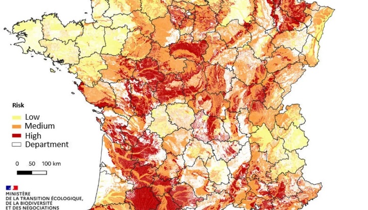 Bản đồ biểu thị mức độ ảnh hưởng do hiện tượng co ngót - trương nở của đất sét tại Pháp. (Ảnh: Georisques.gouv.fr)
