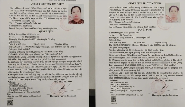 Công an TP Huế truy tìm cặp vợ chồng Trần Thị Ngọc Huyền và Lê Quang Lộc để phục vụ điều tra theo đơn tố cáo liên quan đến việc chiếm đoạt 1,35 tỷ đồng