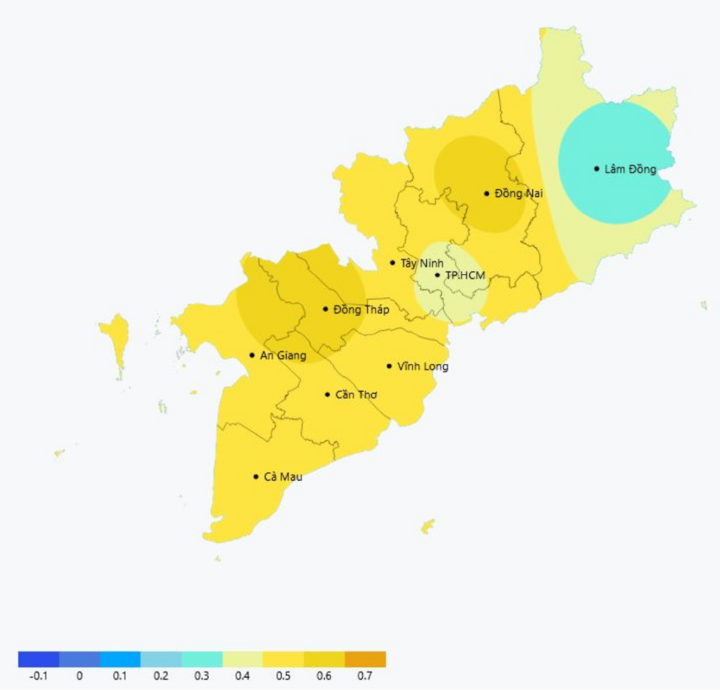 Theo cơ quan khí tượng, bản đồ chuẩn sai nhiệt độ cho thấy nền nhiệt tháng 4 có mức xấp xỉ và cao hơn trung bình nhiều năm. (Nguồn: Đài KTTV Nam Bộ)
