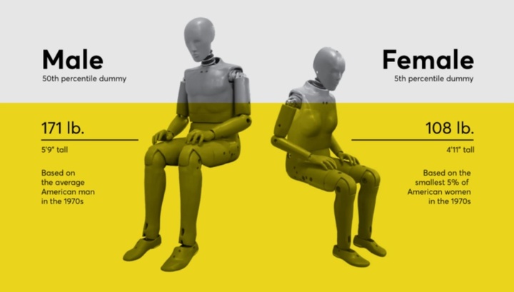 Hình nộm nam giới và nữ giới trong thử nghiệm an toàn ô tô. (Nguồn: Humanetics and CDC NHANES)
