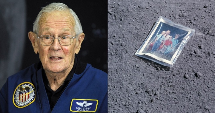 Cựu phi hành gia Charlie Duke và tầm ảnh gia đình được ông để lại trên Mặt Trăng trong sứ mệnh Apollo 16 năm 1972. (Ảnh: NASA)