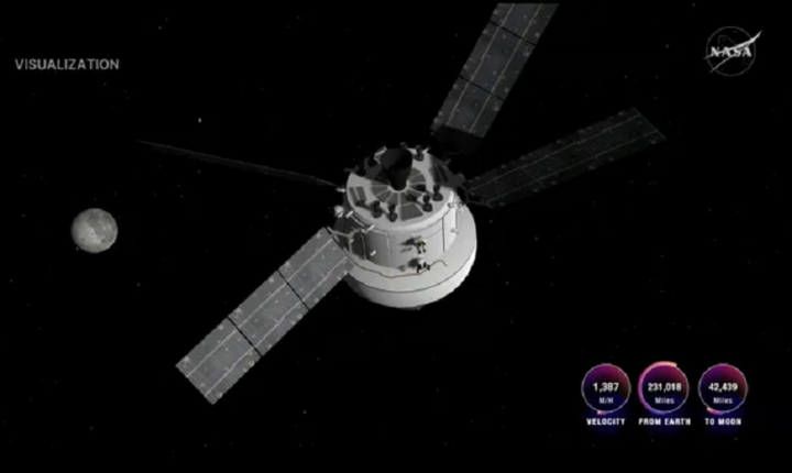 Mô phỏng tàu Orion của sứ mệnh Artemis II trước khi tiến vào không gian Mặt Trăng ngày 6/4. (Ảnh: NASA)