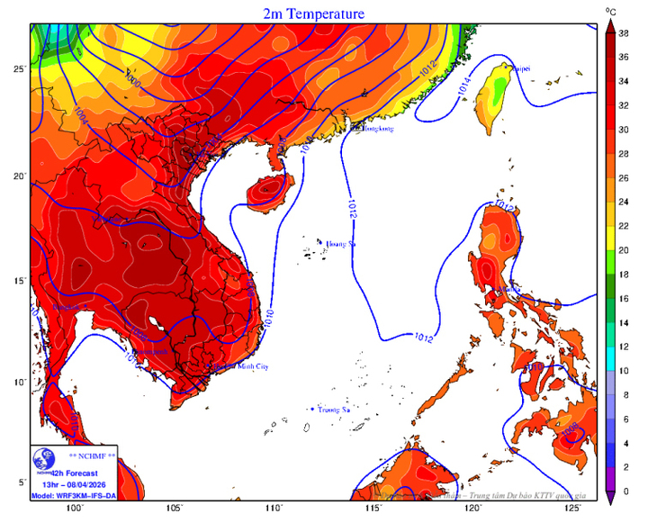 Bản đồ dự báo nhiệt độ cao nhất trong 24 giờ tới. (Nguồn: NCHMF)