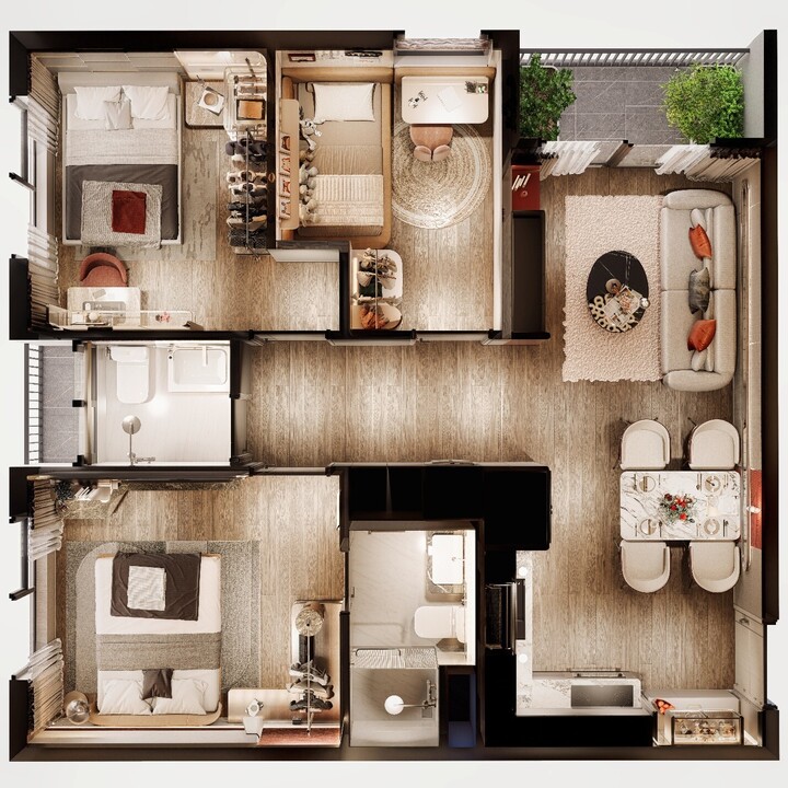 Phối cảnh căn hộ 3PN – 2WC SkyZen đa công năng, tối ưu từng mét vuông.