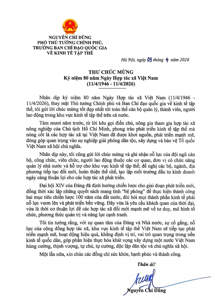 Thư chúc mừng 80 năm Ngày Hợp tác xã Việt Nam của Phó Thủ tướng Chính phủ Nguyễn Chí Dũng.