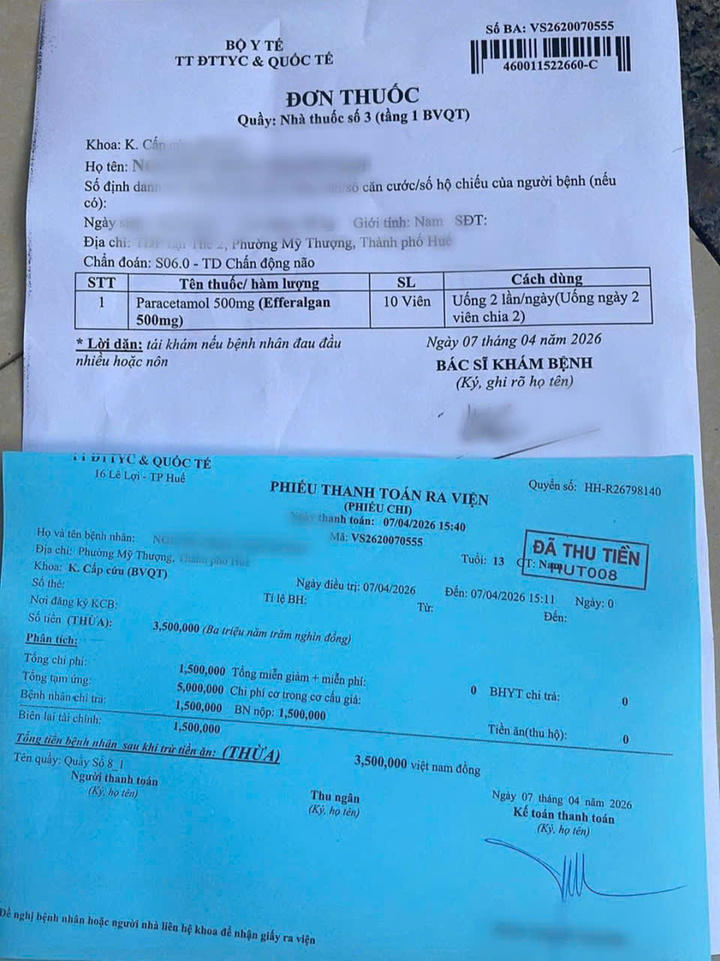 Phiếu thanh toán ra viện và đơn thuốc tại quầy thuốc của bệnh viện chẩn đoán em N.H.T.Đ bị chấn động não. (Ảnh: NVCC)