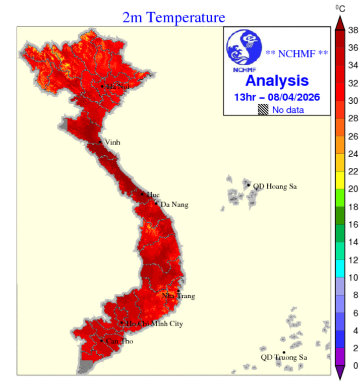 Bản đồ phân bố nhiệt độ lúc 13h ngày 8/4. (Nguồn: NCHMF)