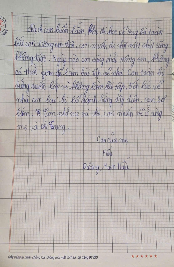 Bức thư cháu Hiếu gửi mẹ được chia sẻ trên mạng.