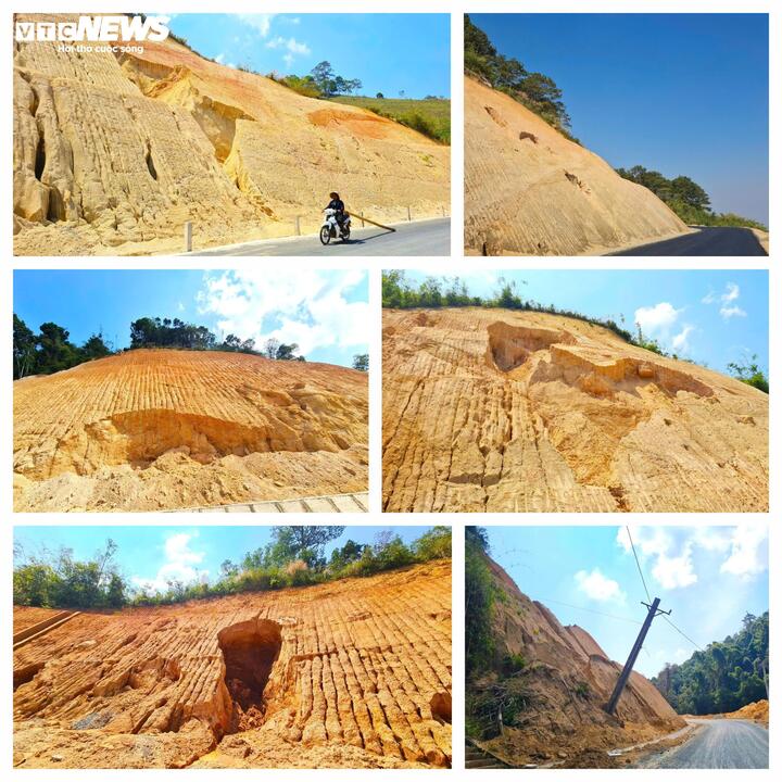 Những vết sạt trượt lớn nằm lộ thiên khiến nỗi lo sạt lở thêm ám ảnh người dân khi có mưa xuất hiện trên tuyến đường này.