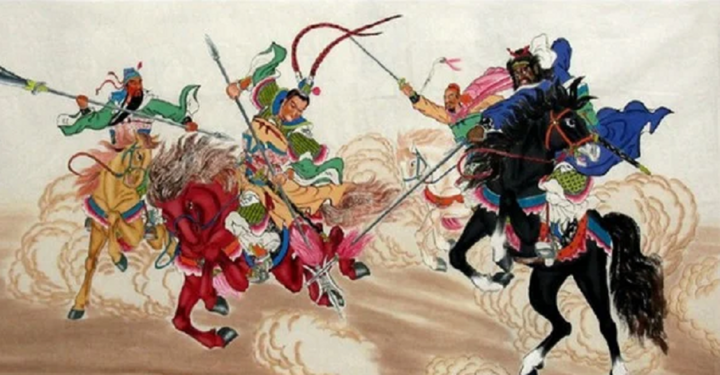 Lã Bố cưỡi ngựa Xích Thố tả xung hữu đột, đánh bất phân thắng bại với ba anh em Lưu Bị - Quan Vũ - Trương Phi.