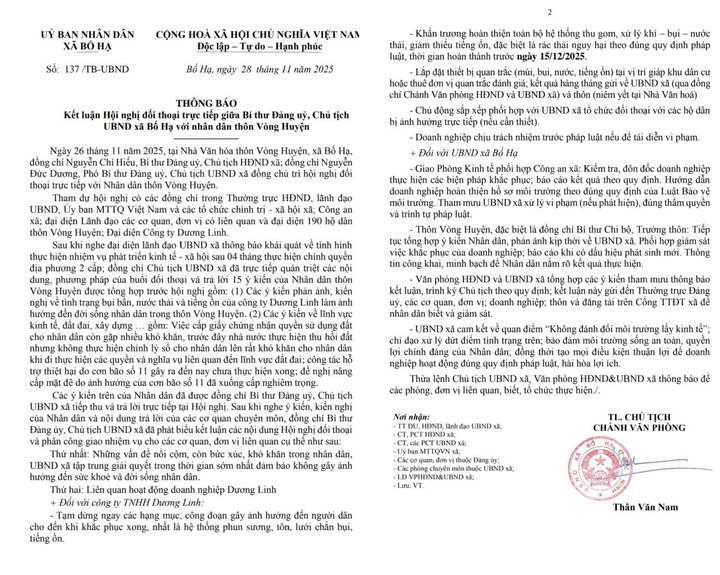 Kết luận hội nghị đối thoại giữa Bí thư Đảng ủy, Chủ tịch UBND xã Bố Hạ với Nhân dân thôn Vòng Huyện.