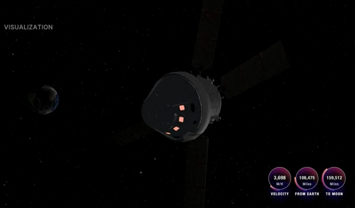 Tàu Orion chở phi hành đoàn Artemis II hướng về Trái Đất. (Ảnh chụp màn hình)