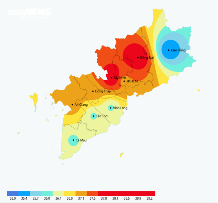 Bản đồ dự báo nhiệt độ cao nhất trong 24 giờ tới. (Nguồn: Đài KTTV Nam Bộ)