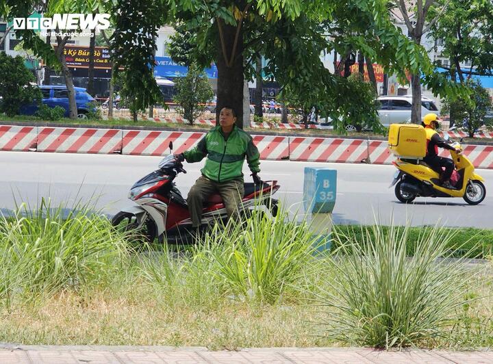 Tài xế xe ôm công nghệ tranh thủ nghỉ dưới bóng cây để chờ có cuốc xe mới.