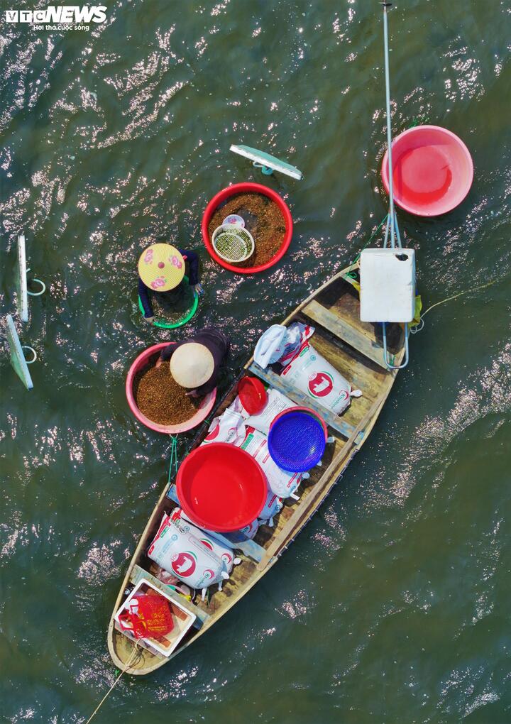 Những chiếc bao đầy ốc xếp sau khi đãi sạch được kéo vào bờ, giao cho thương lái đưa lên xe chờ sẵn để bán cho các vùng nuôi tôm hùm như Sông Cầu, Nha Trang...