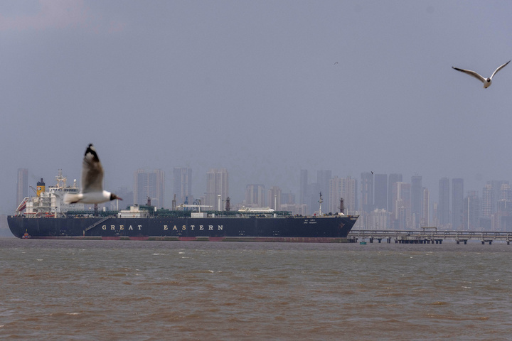 Tàu chở khí dầu mỏ hóa lỏng (LPG) Jag Vasant treo cờ Ấn Độ neo tại cảng Mumbai, Ấn Độ, sau khi đi qua eo biển Hormuz, ngày 1/4/2026. (Ảnh: AP/Rafiq Maqbool)