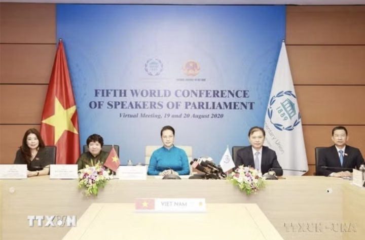 Chủ tịch Quốc hội Nguyễn Thị Kim Ngân phát biểu tại Hội nghị Thượng đỉnh các Chủ tịch Quốc hội thế giới lần thứ 5 theo hình thức trực tuyến, tại điểm cầu Hà Nội (19/8/2020). (Ảnh: Trọng Đức/TTXVN)