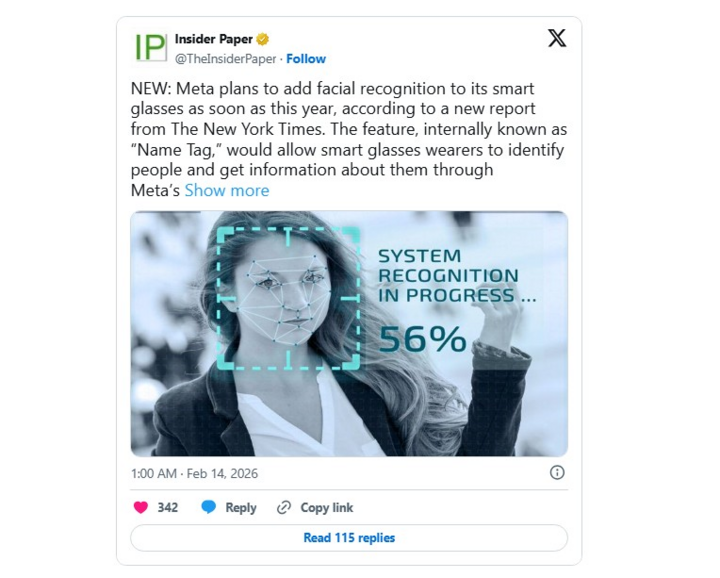 Việc Meta tích hợp nhận diện khuôn mặt vào kính thông minh gây lo ngại công nghệ này có thể trở thành công cụ giám sát. (Nguồn: Insider Paper/X)