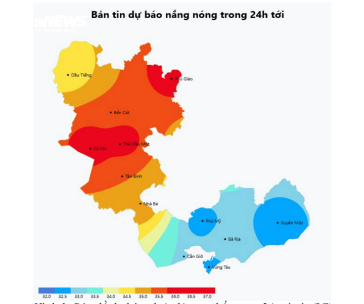 Bản đồ dự báo nhiệt độ cao nhất tại TP.HCM trong 24 giờ tới (°C). (Nguồn: Đài KTTV Nam Bộ)