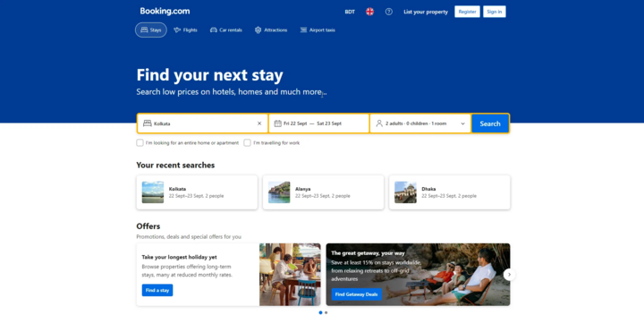 Giao diện trang web nền tảng đặt phòng trực tuyến Booking.com. (Nguồn: Booking)