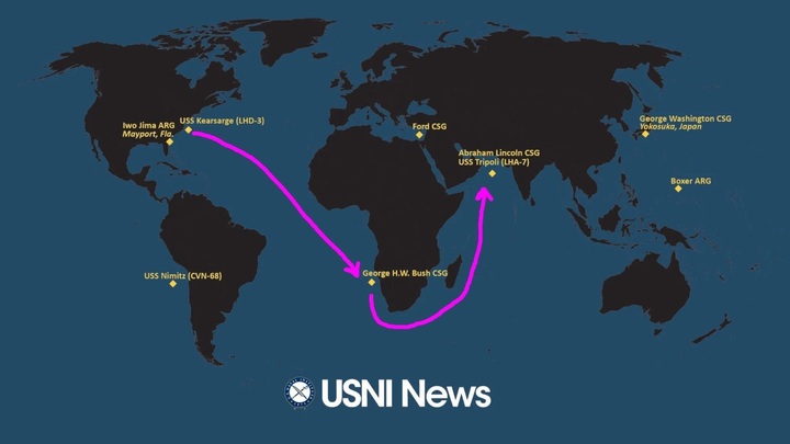 Tuyến đường tàu sân bay Mỹ đang di chuyển. Ảnh Pantip