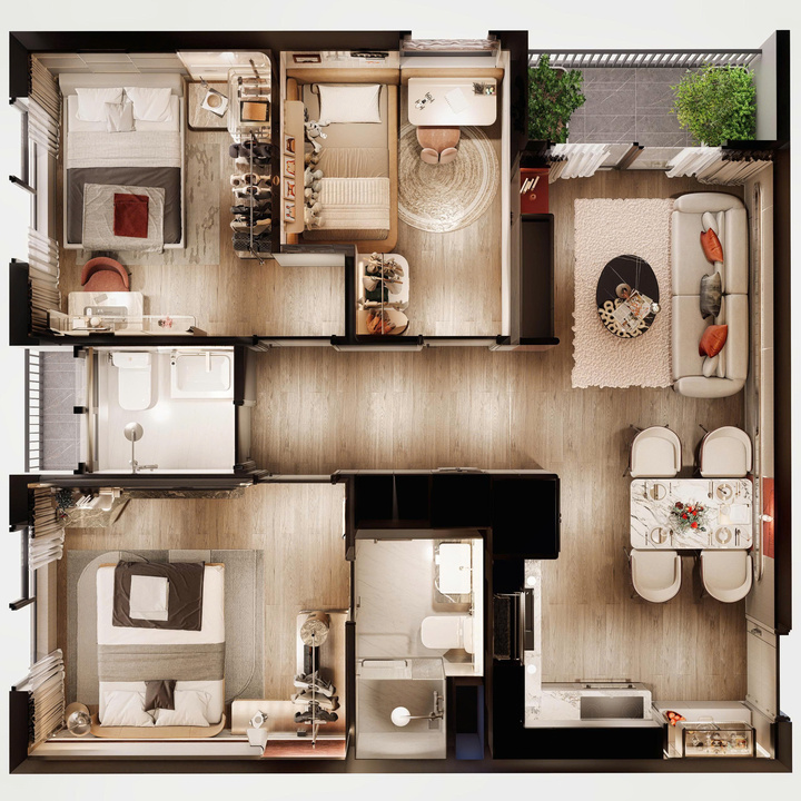 Layout căn hộ 3 phòng ngủ SkyZen với thiết kế thông minh, tối ưu từng mét vuông và linh hoạt công năng sử dụng.