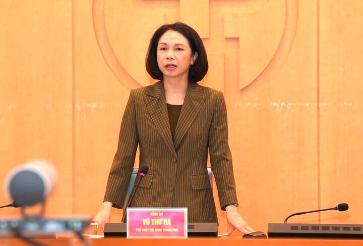 Phó Chủ tịch UBND TP Hà Nội Vũ Thu Hà phát biểu tại cuộc họp.