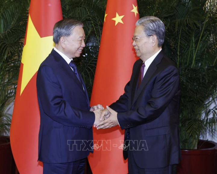 Tổng Bí thư, Chủ tịch nước Tô Lâm hội kiến Ủy viên trưởng Nhân đại toàn quốc Trung Quốc Triệu Lạc Tế. Ảnh: Thống Nhất/TTXVN