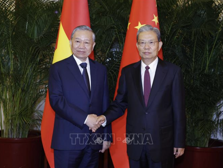 Tổng Bí thư, Chủ tịch nước Tô Lâm hội kiến Ủy viên trưởng Nhân đại toàn quốc Trung Quốc Triệu Lạc Tế. Ảnh: Thống Nhất/TTXVN