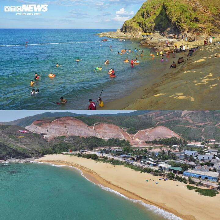 Bãi tắm đẹp có chiều dài khoảng 500 m, nơi từng được người dân địa phương và du khách yêu thích nhất giờ chỉ là bãi cát dài, vắng bóng du khách. (Ảnh trước và sau)