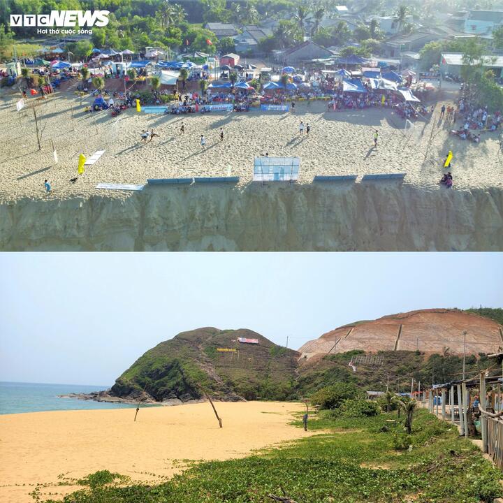 Bãi cát mênh mông nơi từng diễn ra nhiều hoạt động sôi nổi giờ hoang vắng, cây dại phủ bờ. (Ảnh trước và sau)