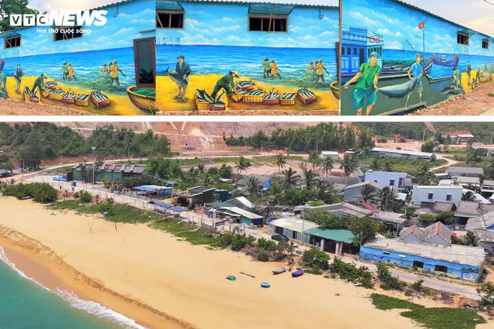 Con đường bê tông ra Mũi Gành lung linh hình ảnh tranh bích họa trước đó cũng bị bạc phếch, không còn nguyên vẹn. (Ảnh trước và sau)