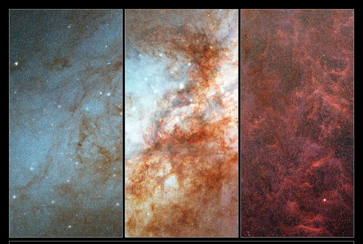 Ảnh trái là một phần đĩa thiên hà M82 có sắc xanh, chủ yếu gồm các ngôi sao trẻ, nóng. Nhiều cụm hình thành sao sáng xanh-trắng cùng các dải bụi và khí tối hơn, lạnh hơn chồng lên đĩa thiên hà. Ảnh giữa là khu vực trung tâm của thiên hà, nơi ánh sáng tổng hợp từ vô số ngôi sao tạo nên. Hình ảnh cho thấy nhiều cụm hình thành sao, các đám mây khí và bụi đỏ sẫm che khuất ánh sáng từ lõi thiên hà, cùng nền sao dày đặc gồm các ngôi sao đỏ (nguội hơn) và xanh (nóng hơn), cả đã phân giải và chưa phân giải. Ảnh phải là các luồng khí và bụi bị thổi ra từ vùng trung tâm của M82, lan vào khu vực rìa trung tâm, nằm giữa trường sao gồm nhiều ngôi sao mờ đã được phân giải.