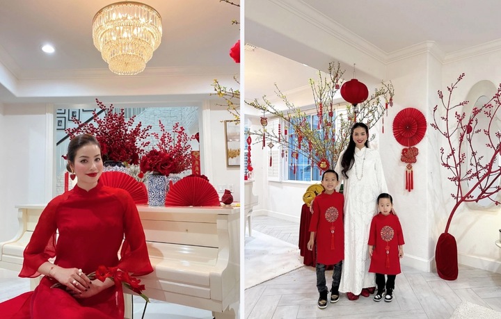 Dù xa quê hương nhưng Phạm Hương vẫn giữ thói quen đón Tết theo phong cách truyền thống. . Mỗi dịp lễ Tết, cô diện áo dài cùng hai con, trang trí nhà cửa theo phong cách Việt.