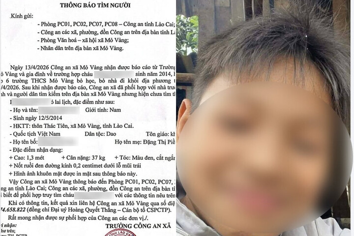 Công an xã Mỏ Vàng phát thông báo tìm kiếm cháu A.