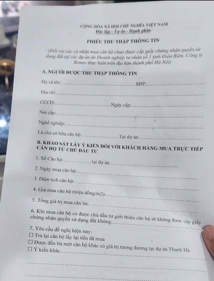 Phiếu khảo sát lấy ý kiến người dân chung cư Linh Đàm.