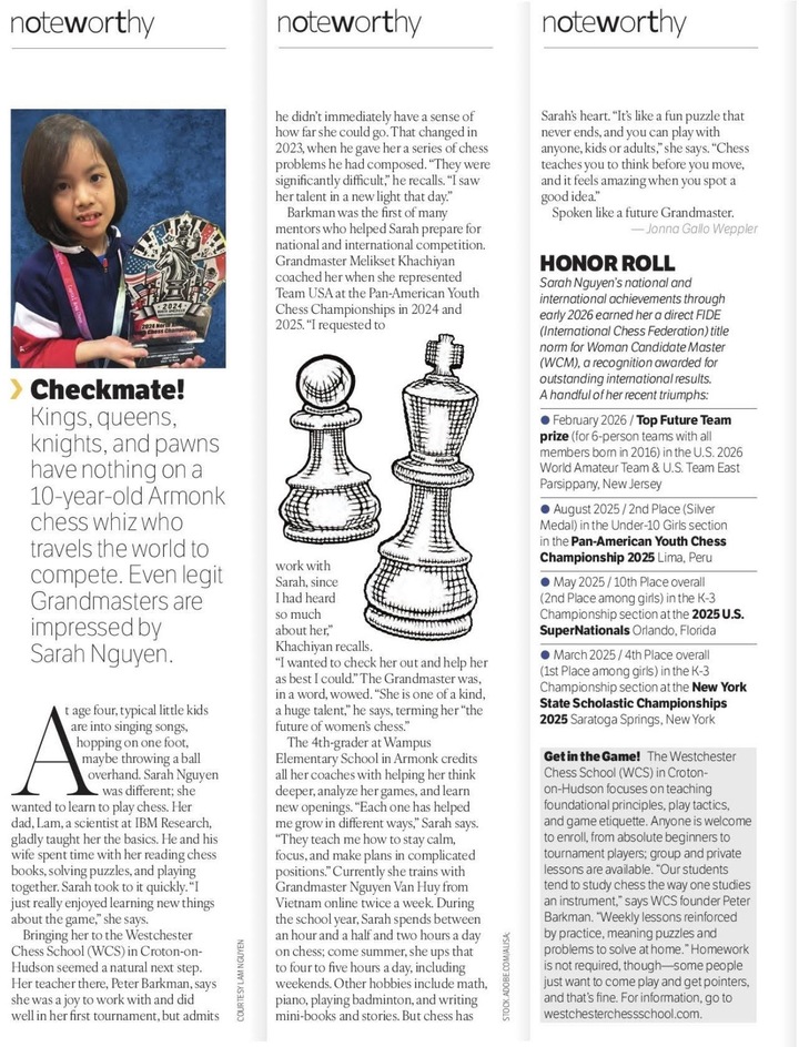 Nguyễn Hà My Sarah xuất hiện trên tạp chí Westchester, Mỹ nhờ thành tích nổi bật về cờ vua.