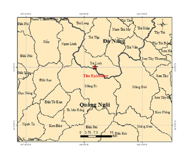 Bản đồ chấn tâm động đất xảy ra lúc 6 giờ 24 phút 41 giây ở xã Trà Linh. (Viện Các Khoa học Trái đất)