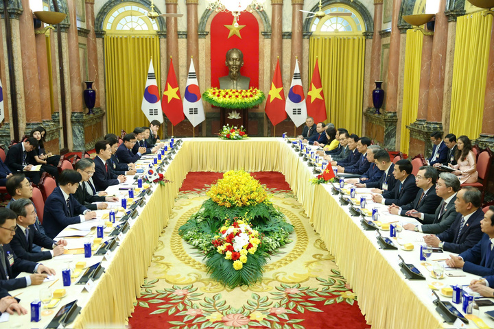 Tổng Bí thư, Chủ tịch nước Tô Lâm hội đàm với Tổng thống Hàn Quốc Lee Jae Myung. (Ảnh: Viên Minh)