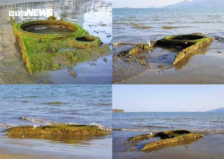 Hình ảnh khối thép nghi là bộ phận của xe tăng trồi lên trên bờ biển Quy Nhơn khi thủy triều rút sâu, được chụp vào ngày 18/4 vừa qua.